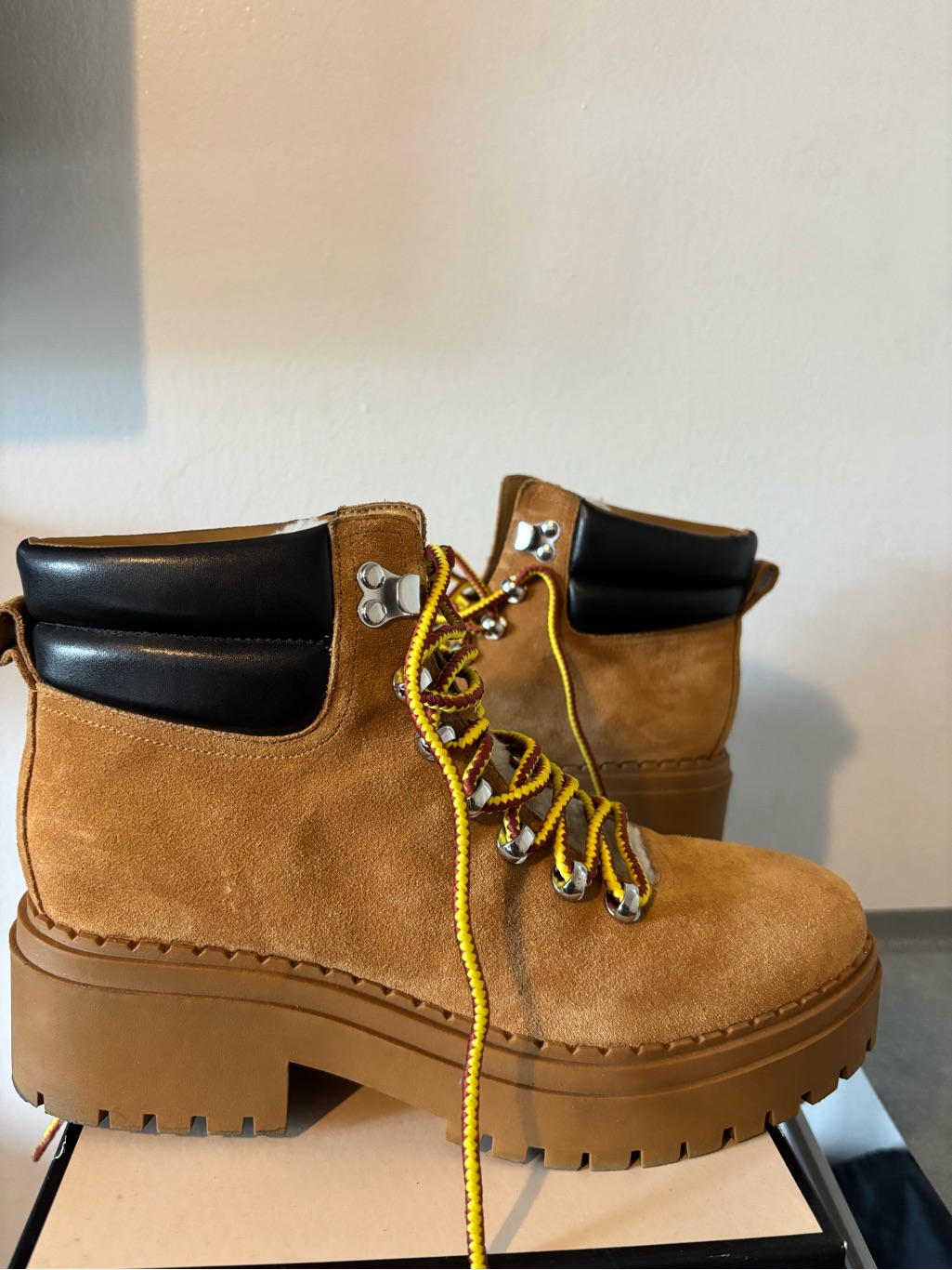 Marc Fisher Women’s Tan Suede Platform Hiking Boot With Black Leather Collar